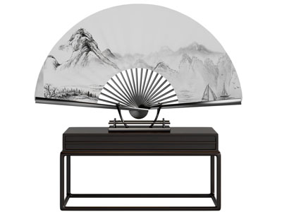 新中式端景台、折扇摆件3d模型 新中式端景台、折扇摆件