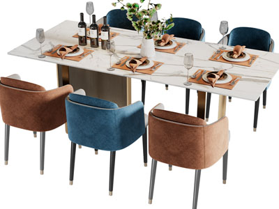 现代轻奢长方形餐桌椅组合