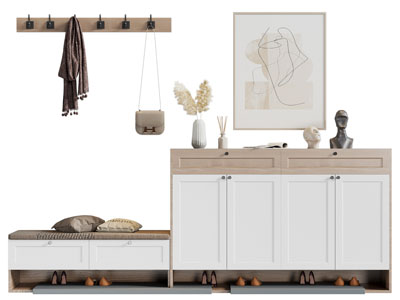 现代实木玄关鞋柜、换鞋凳