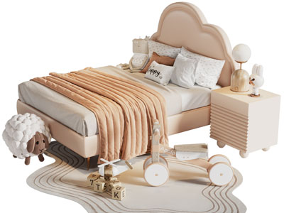 现代儿童双人床、床头柜