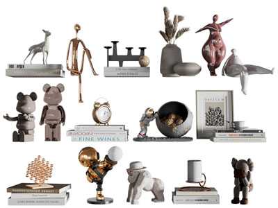 现代书籍、装饰品摆件组合