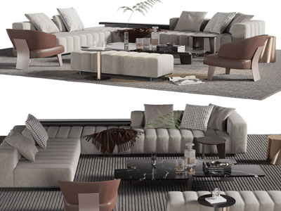 现代转角多人沙发、沙发凳和茶几组合