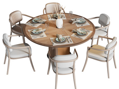 现代实木圆形餐桌椅组合