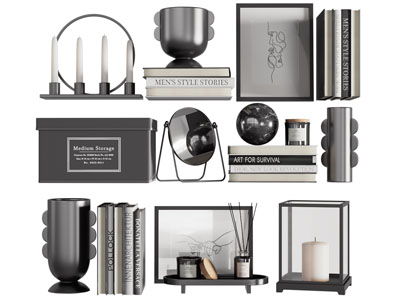 现代书籍、烛台和饰品摆件组合