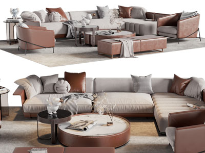 现代转角多人沙发、休闲椅子和茶几组合