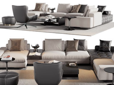 现代转角多人沙发、坐墩和茶几组合