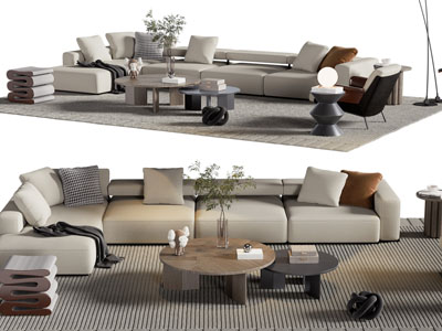 现代转角多人沙发、凳子和茶几组合