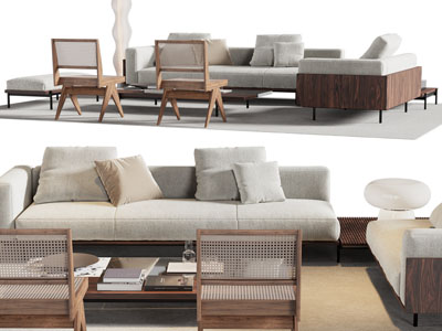 现代转角多人沙发、沙发凳和茶几组合