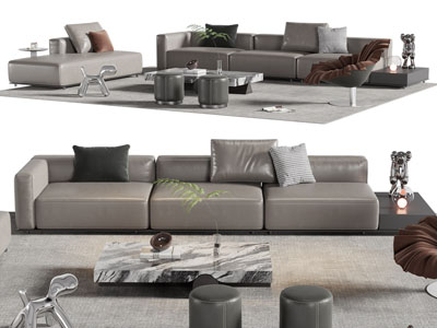 现代多人沙发、休闲椅子和茶几组合