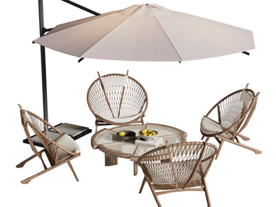 现代户外遮阳伞、藤编休闲桌椅组合