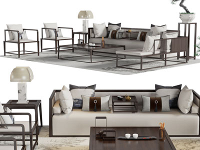 新中式多人沙发、贵妃椅和茶几组合