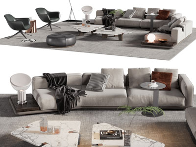 现代转角多人沙发、休闲椅和茶几组合