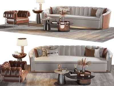 现代轻奢多人沙发、休闲椅子和茶几组合
