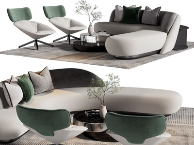 现代转角多人沙发、休闲椅子和茶几组合