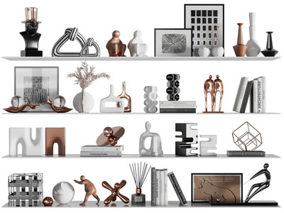 现代装饰品、书籍和装饰画摆件组合