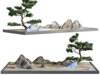 新中式松树、石头景观园艺小品