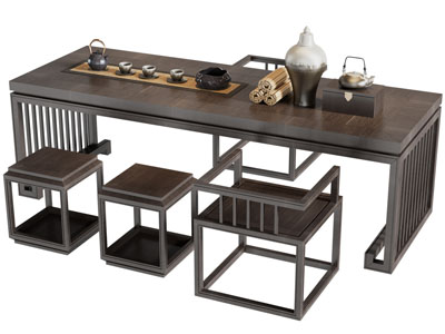 新中式长方形茶桌椅组合