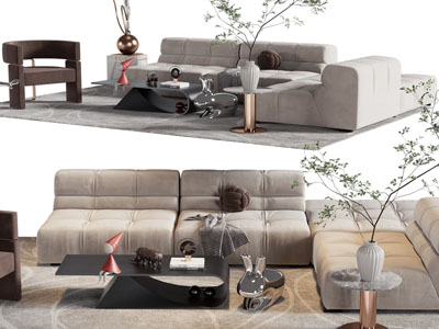 现代布艺转角多人沙发、休闲椅和茶几组合