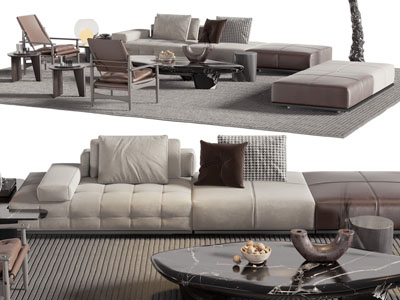 现代多人沙发、沙发凳和茶几组合