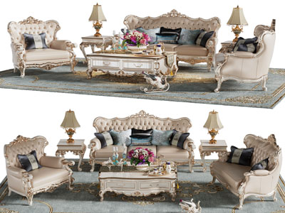 欧式雕花多人、单人沙发和茶几边几组合