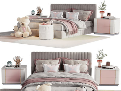 现代儿童双人床、床头柜