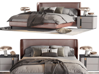 现代皮质床头双人床、床头柜