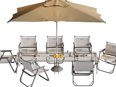 现代户外遮阳伞、可折叠桌椅组合
