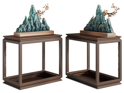 新中式边几、假山盆景盆栽3d模型 新中式边几、假山盆景盆栽
