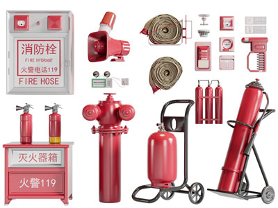 现代楼道消防栓、灭火器、报警器消防设备3d模型 现代楼道消防栓、灭火器、报警器消防设备