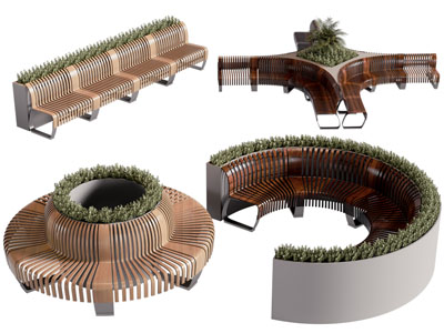 现代带花坛植物的景观公共椅子