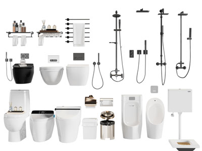 现代马桶、淋浴花洒、毛巾架