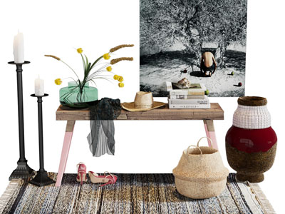 北欧长凳、烛台摆件组合