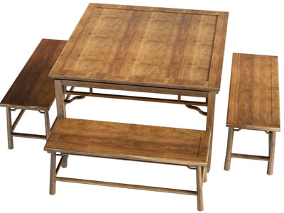 中式实木方形餐桌、长凳组合