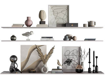 现代隔板上的装饰画、书籍和雕塑摆件组合