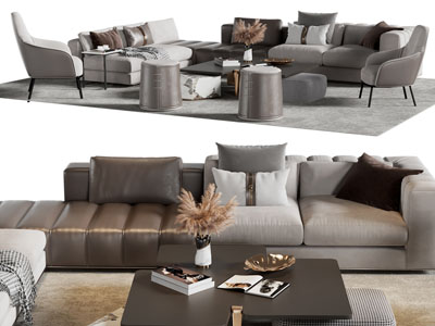 现代转角多人沙发、休闲椅子和茶几组合