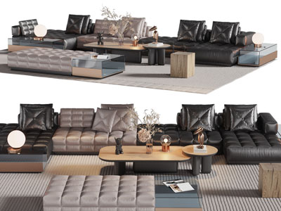 现代皮质多人沙发、凳子和茶几组合