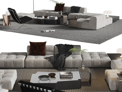 现代布艺转角多人沙发、沙发凳和茶几组合
