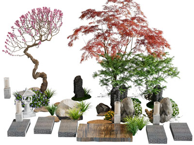 新中式树、石头、装饰地灯景观园艺小品