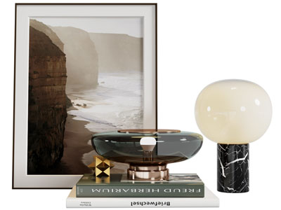 现代书籍、台灯和装饰画摆件组合