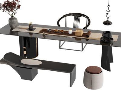 新中式长方形茶桌椅组合