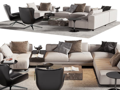 现代转角多人沙发、休闲椅子和茶几组合