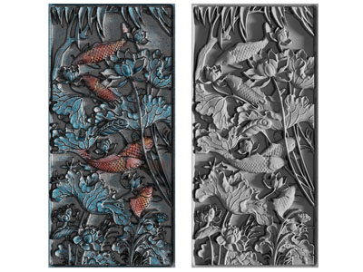 新中式鱼群荷花浮雕、装饰挂画3d模型 新中式鱼群荷花浮雕、装饰挂画