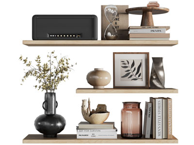 现代实木板书籍、花瓶花卉和饰品摆件组合