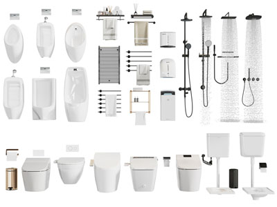 现代壁挂式小便斗、马桶和淋浴花洒
