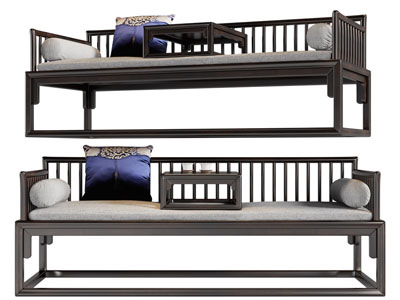 新中式实木罗汉床、双人沙发3d模型 新中式实木罗汉床、双人沙发