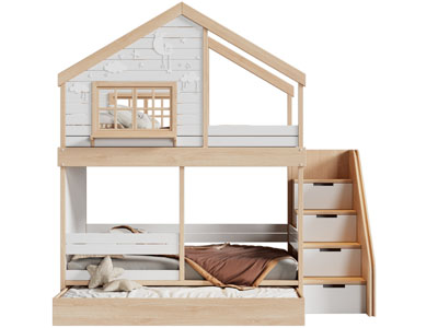 现代实木木屋造的儿童上下床