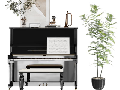 欧式黑色钢琴、琴凳3d模型 欧式黑色钢琴、琴凳