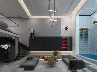 现代沉式客厅、地室客厅