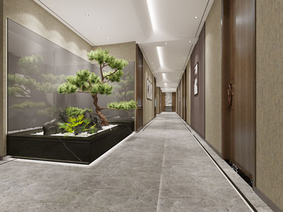 新中式室内景观办公过道走廊