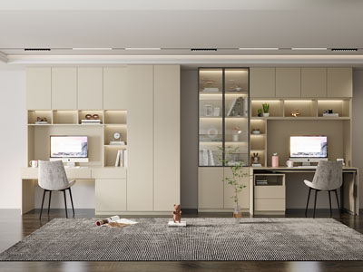 现代带收纳柜的书桌椅组合